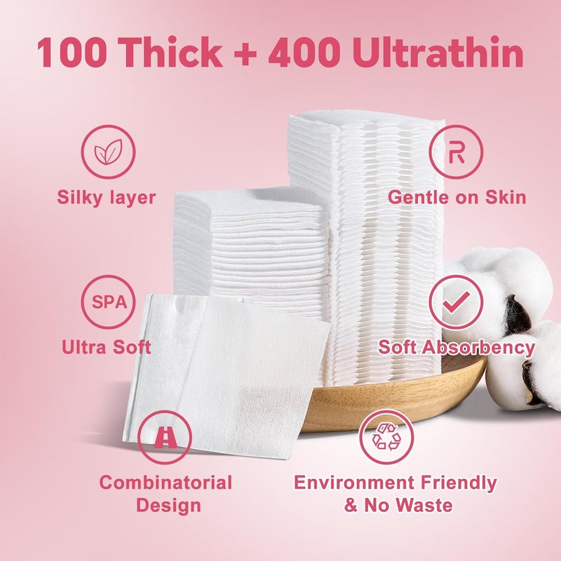 ICOTLE Square Makeup Cotton Pads, 100 Thick and 400 Ultra-Thin, Soft, Lint-Free Pads for Makeup Removal, Toner Application and Daily Skincare - Image 2